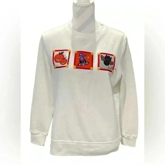 Halloween Holiday Editions White crewneck Halloween Embroidered Patchwork Sz S - Picture 2 of 9